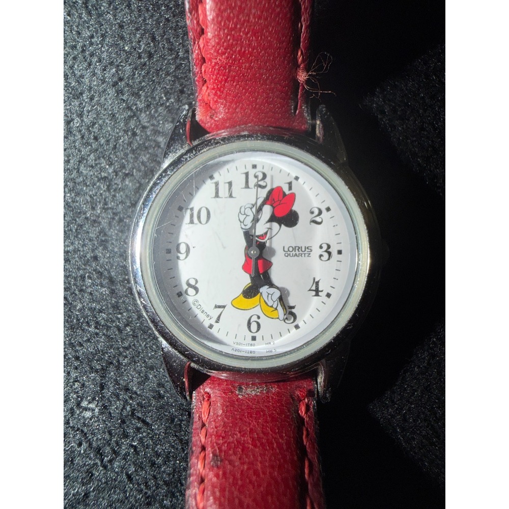 Lorus Disney Minnie Mouse Watch Red Leather Strap Silver Tone V501-6N70 Quartz